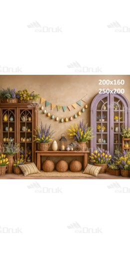 Tło fotograficzne z kolorowymi dekoracjami wielkanocnymi i drewnianą komodą | E598